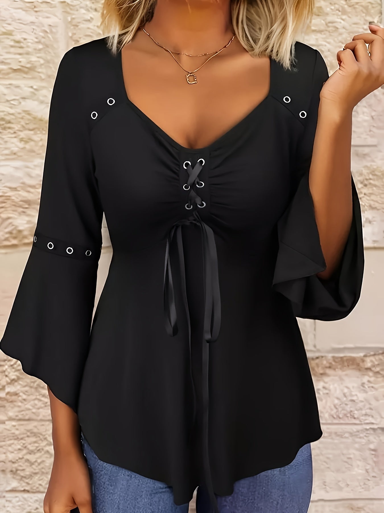 Tie Front V Neck T-Shirt, Casual 3\u002F4 Sleeve Top For Spring & Fall, Women's Clothing