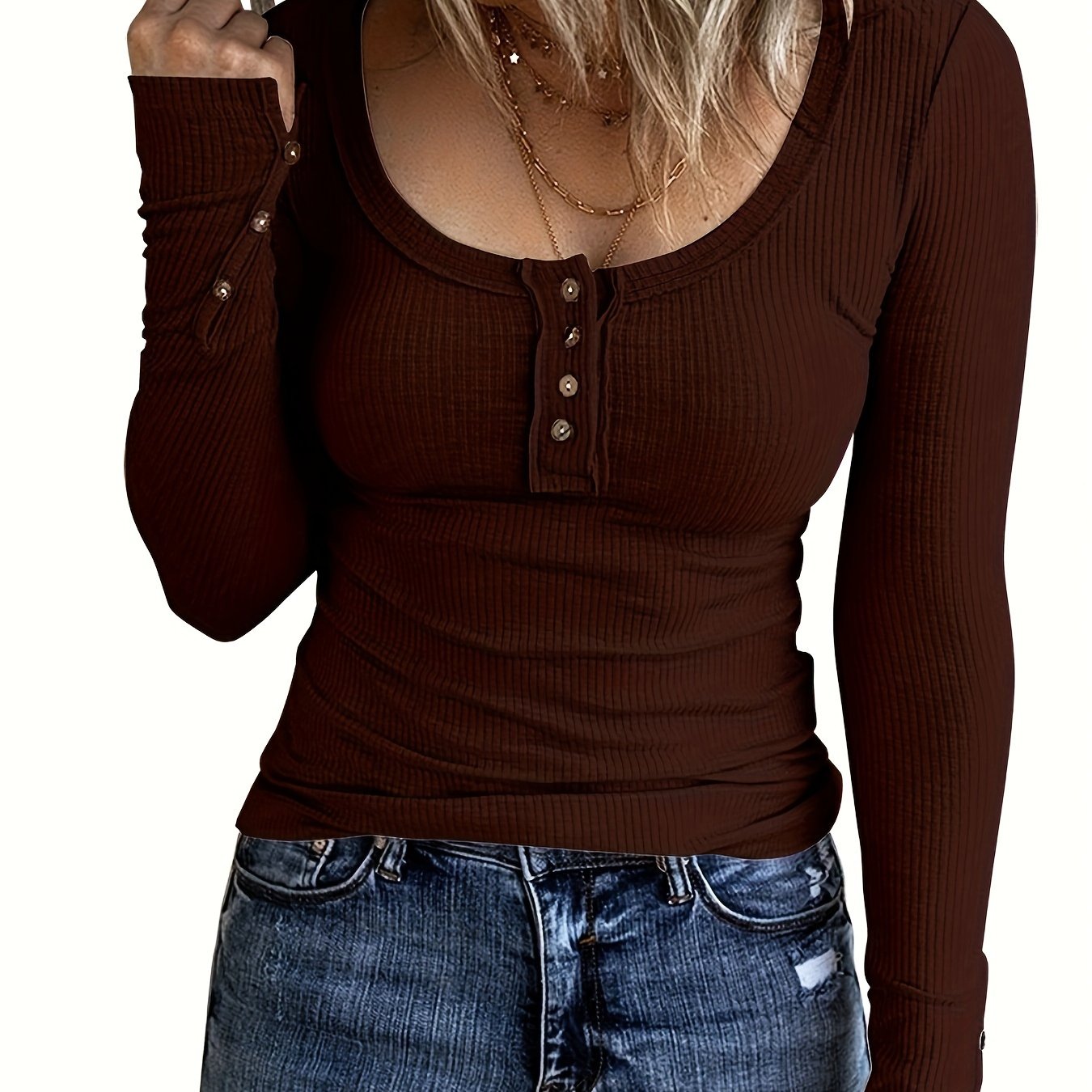 Button Down Scoop Neck Henley T-shirt, Casual Slim Long Sleeve Summer T-Shirts Tops, Women's Clothing
